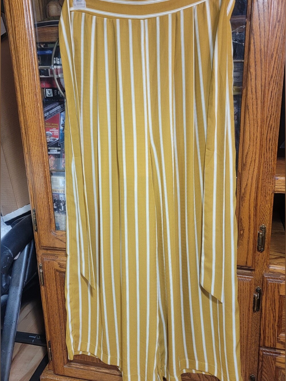 Doe & Rae Mustard Yellow Wide-Leg Striped Trousers Size Small